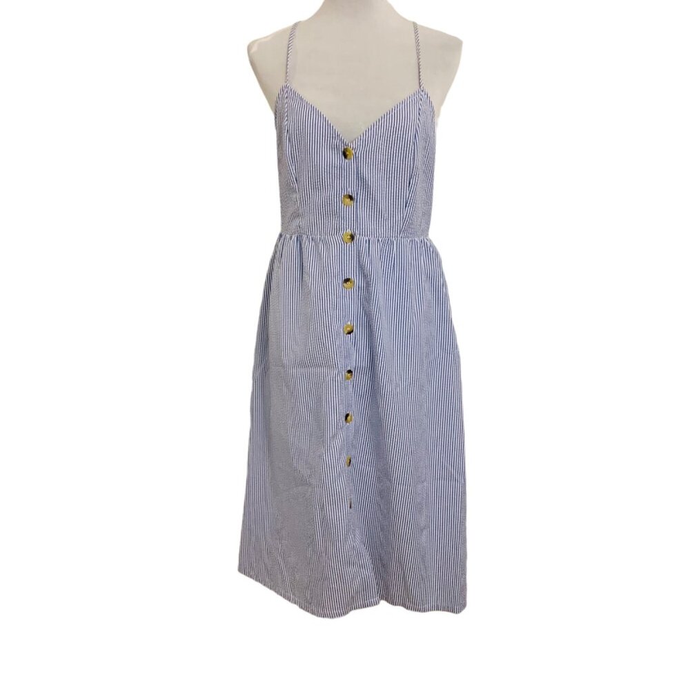 Divided Beach Striped Dress Sz 10 Spaghetti Strap Lace Up Back Button Blue White